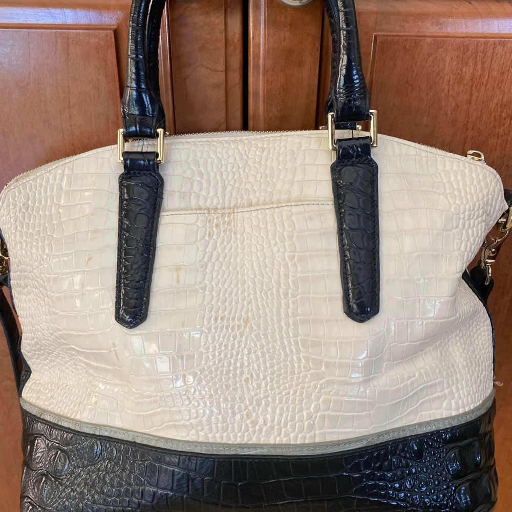 Brahmin Croc-Embossed Satchel in Ivory and Black - Picture 2 of 9